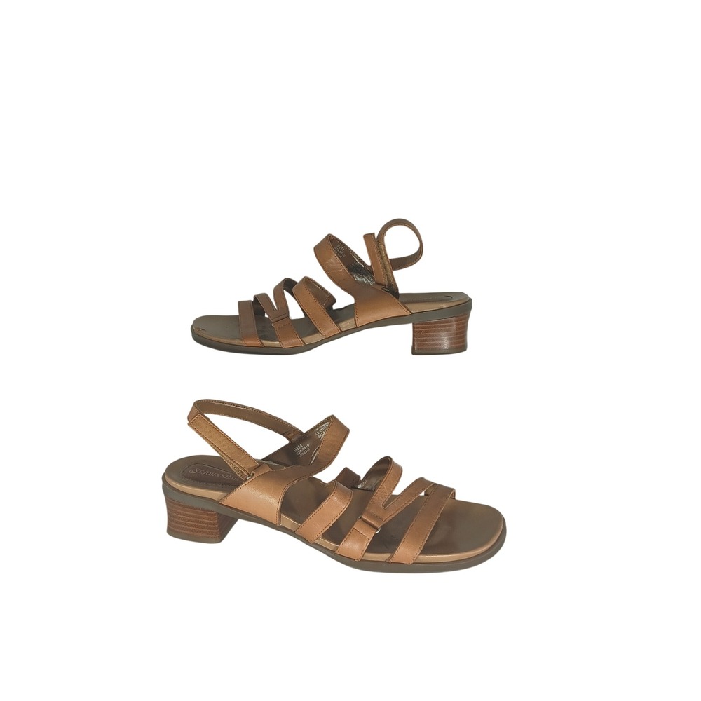 St. John's Bay Strappy Sandals 9.5M Brown Leather Low Block‎ Heel Slingback Boho